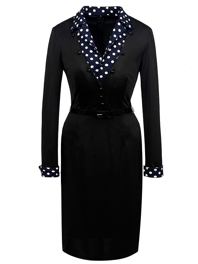  Women's Sheath Dress Knee Length Dress Black Long Sleeve Polka Dot Patchwork Fall V Neck Elegant 2021 S M L