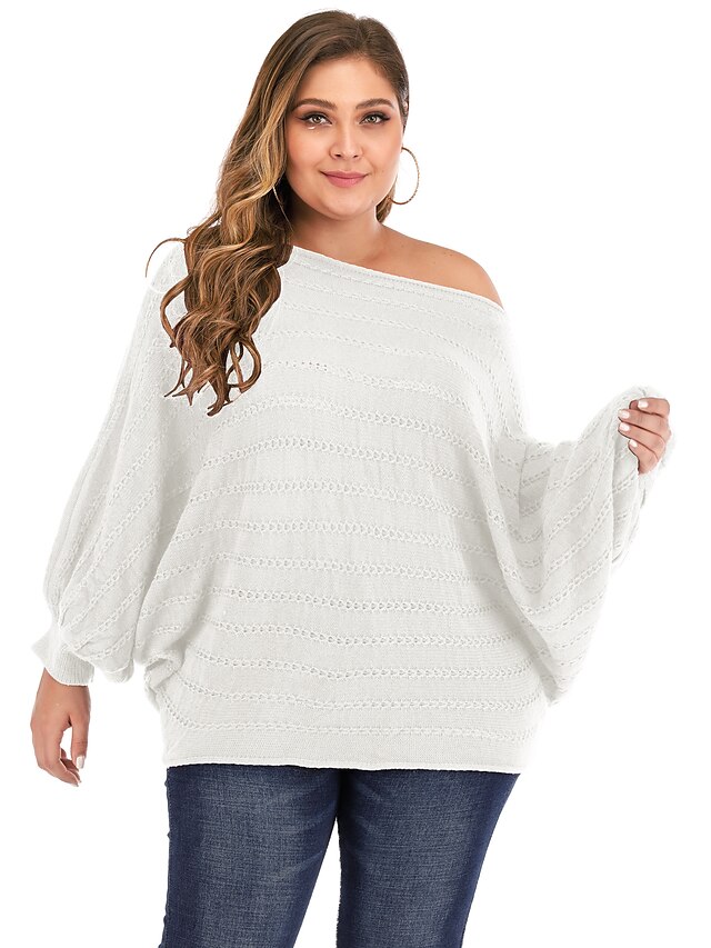  Women's Pullover Plain Solid Colored Hollow Out Asymmetric Hem Acrylic Fibers Oversized Plus Size Long Sleeve Loose Sweater Cardigans Fall Winter Round Neck Off Shoulder Yellow Green White