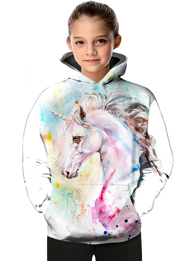  Kids Toddler Girls' Hoodie Long Sleeve White 3D Print Color Block Geometric Animal Daily Outdoor Active Basic 2-13 Years / Fall / Winter / Spring