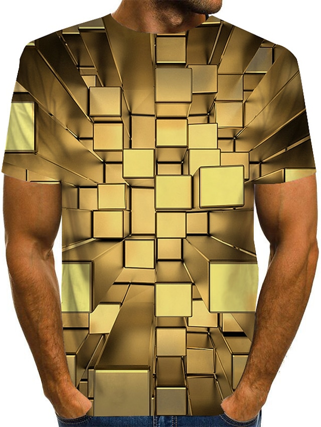  Men's T shirt Graphic Optical Illusion Round Neck Daily Short Sleeve Print Tops Basic Exaggerated Gold