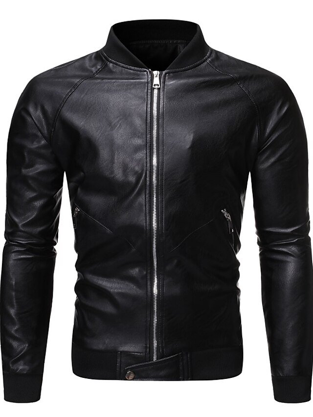  Men's Solid Colored Streetwear Spring &  Fall Faux Leather Jacket Regular Daily Long Sleeve Faux Leather Coat Tops Black