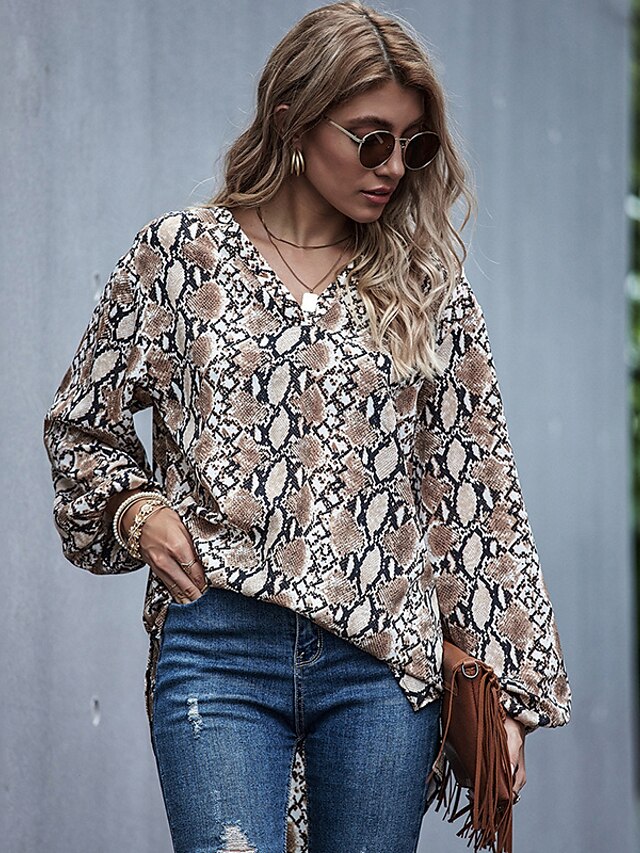  Damen Bluse Hemd Leopard Gepard-Druck Langarm Gefaltet Patchwork Druck V-Ausschnitt Grundlegend Oberteile Khaki