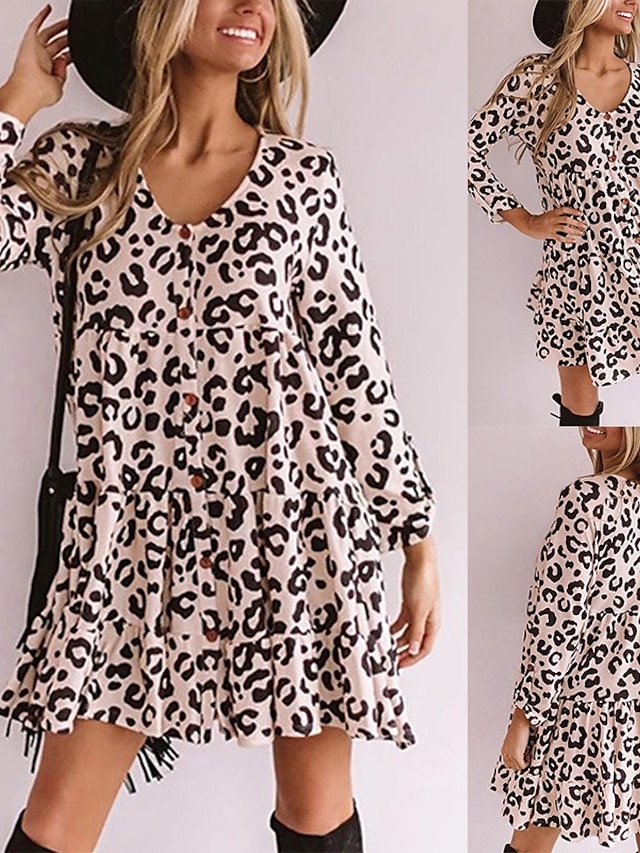  Damen A Linie Kleid Minikleid Weiß Langarm Leopard Rüsche Herbst V-Ausschnitt Freizeit 2021 S M L XL XXL 3XL
