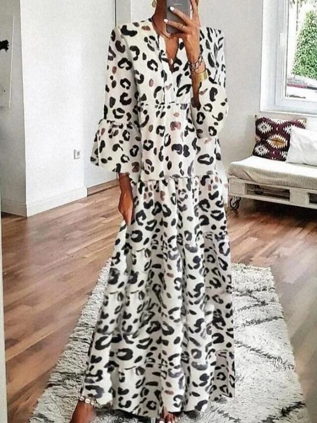  Dame Swing Kjole Maxi lang kjole Hvid Grå 3/4-ærmer Leopard Trykt mønster Efterår Sommer V-hals Varm Afslappet 2021 S M L XL XXL 3XL 4XL 5XL