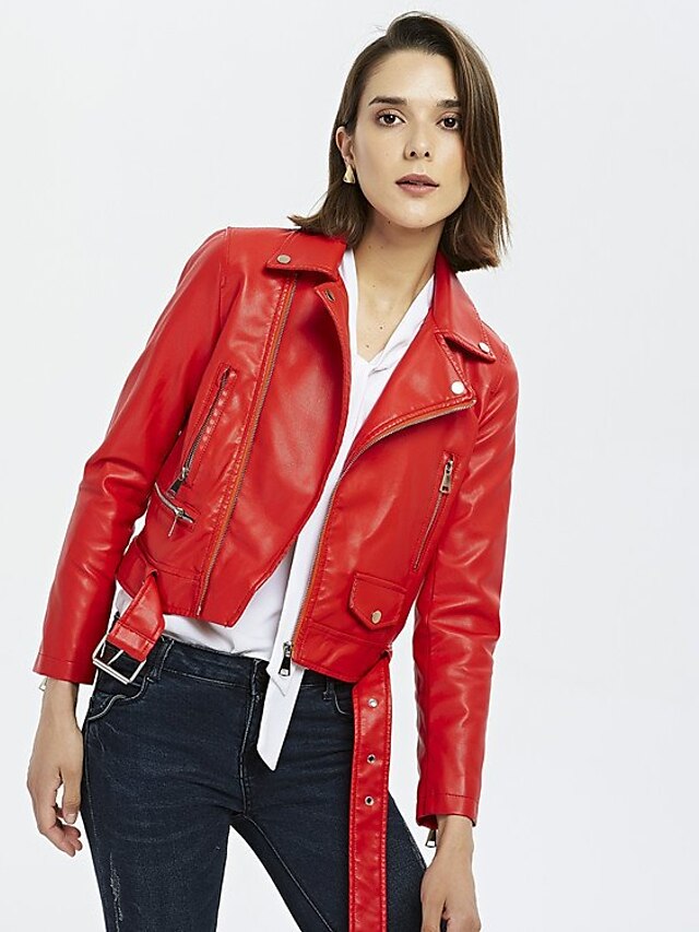  Women's Faux Leather Jacket Fall Daily Short Coat Turndown Zipper Regular Fit Basic Jacket Long Sleeve Solid Colored Black Red