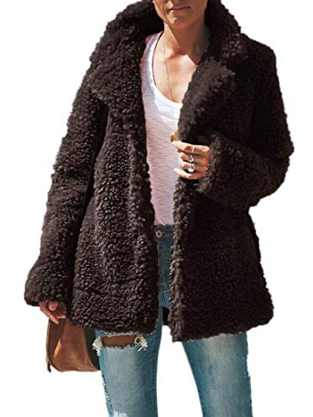  Women's Teddy Coat Sherpa jacket Fleece Jacket Classic Casual Casual Daily Wear Coat Regular Polyester Apricot Green Black Fall Winter Shirt Collar Loose S M L XL XXL / Solid Color