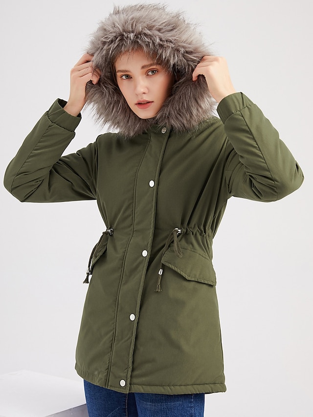  Women's Coat Fall & Winter Daily Valentine's Day Regular Coat Loose Basic Jacket Long Sleeve Fur Trim Solid Colored Black Army Green Red