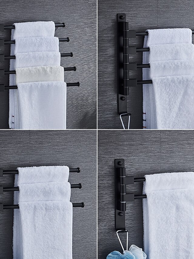  barra de toalla negra mate con gancho, brazo oscilante autoadhesivo montado en la pared, barra de toalla de barras múltiples de aluminio contemporáneo, 1 pieza