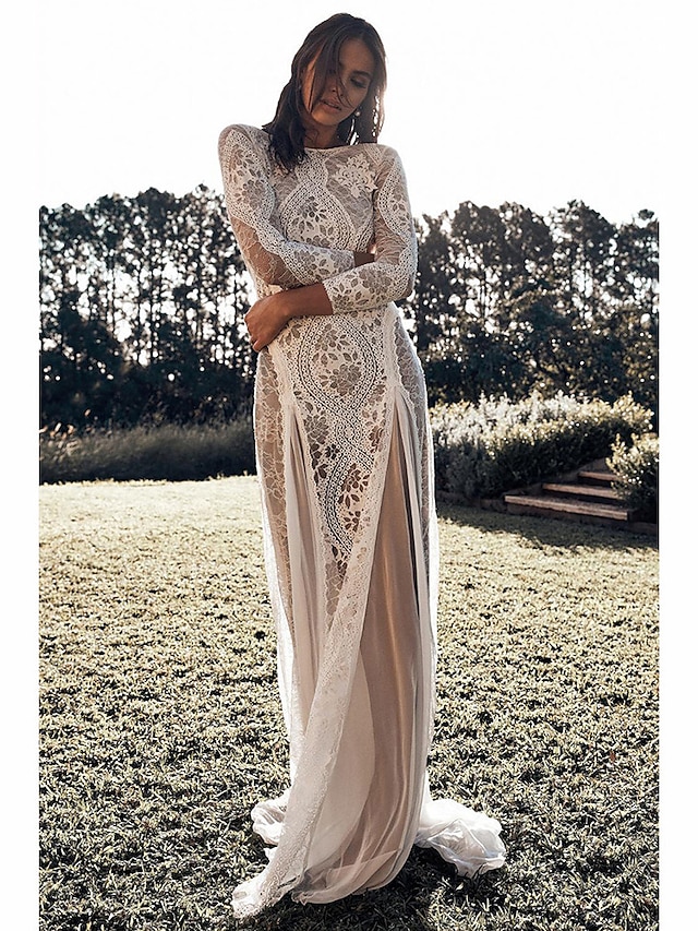  Women's A Line Dress Maxi long Dress White Long Sleeve Solid Color Backless Lace Patchwork Fall Round Neck Sexy 2021 M L XL