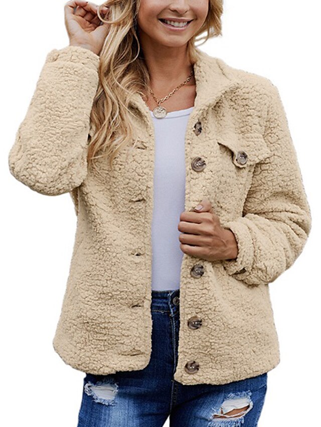 Women's Teddy Coat Solid Colored Basic Fall & Winter Regular Coat Daily Long Sleeve Jacket Gray
