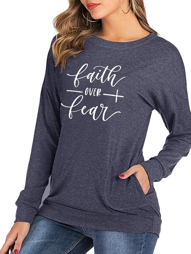  Women's Faith T shirt Graphic Text Letter Long Sleeve Print Round Neck Basic Tops Black Blushing Pink Green