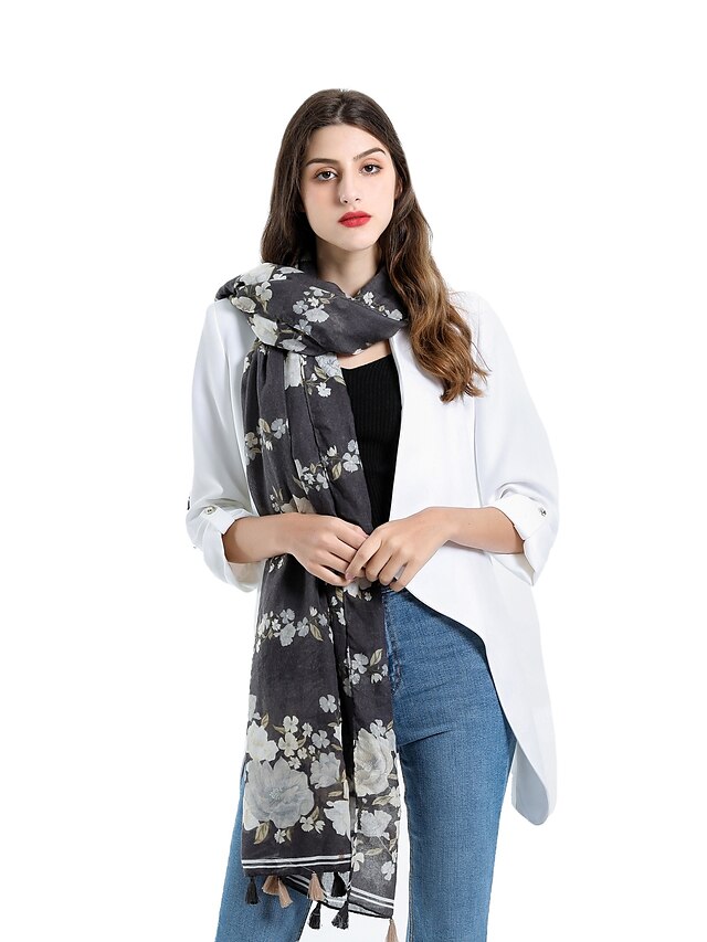  Women's Tassel Rectangle Scarf - Floral Washable