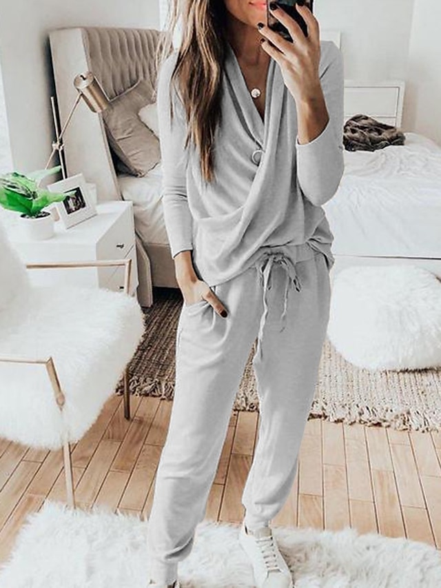  Women's Basic Plaid Solid Colored Home Causal Daily Two Piece Set V Neck Pant Loungewear Jogger Pants Blouse Tracksuit Pants Sets Drawstring Tops / T shirt