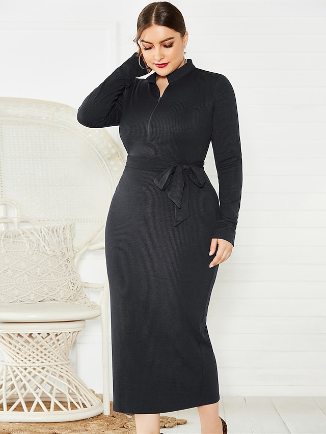  Women's Sheath Dress Midi Dress Black Blue Wine Long Sleeve Solid Color Zipper Fall Round Neck Sexy 2021 XL XXL 3XL 4XL 5XL / Plus Size