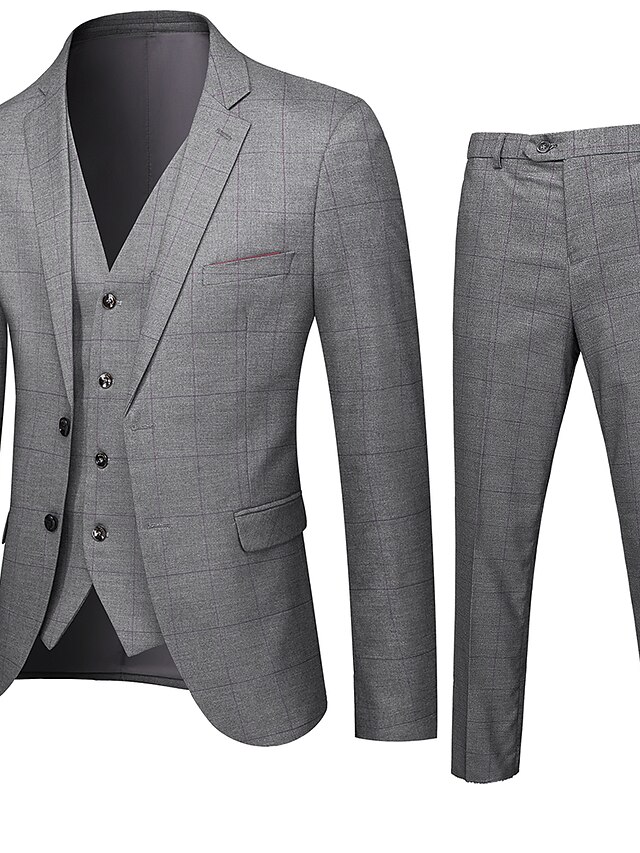  Men's Suits Pants Blazer Waistcoat Houndstooth Regular Fit Single Breasted Polyester Men's Suit Gray Notch lapel collar