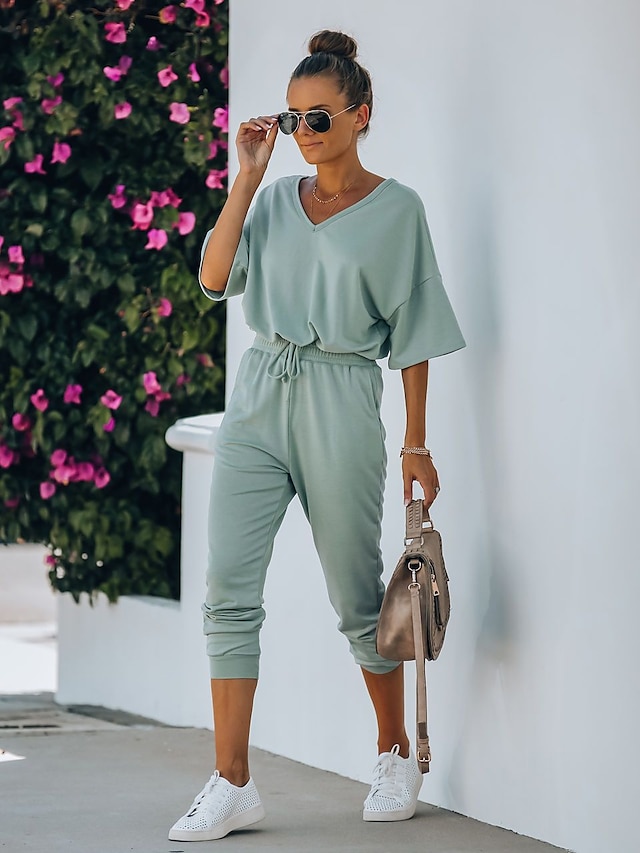  Women's Home Cotton Blend Normal T-shirt Pant V Neck Suits Half Sleeve Basic Spring & Summer Solid Colored S Green