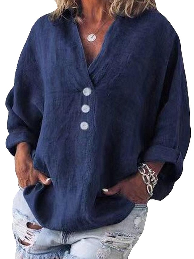  Damen Bluse Hemd Langarm Glatt Solide V-Ausschnitt Taste Grundlegend Oberteile Lose Blau Grau Grün
