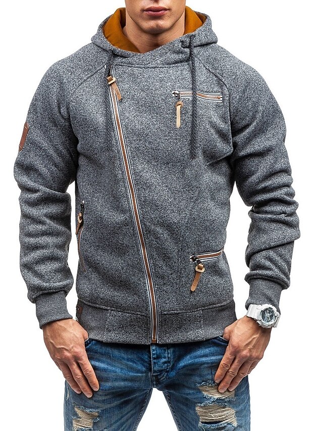  Men's Solid Color Hooded Zip Up Sweatshirt