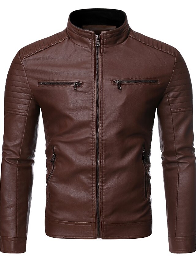  Men's Solid Colored Streetwear Spring &  Fall Faux Leather Jacket Regular Daily Long Sleeve Faux Leather Coat Tops Black