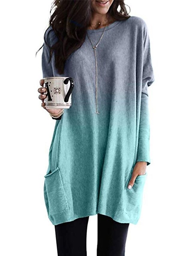  Women's Color Gradient Daily Long Sleeve Tunic Round Neck Basic Essential Tops Loose Gray Purple Pink S / Winter / 3D Print