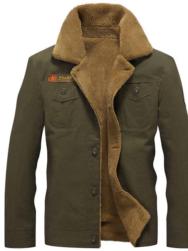  Men's Jacket Regular Asian Size Coat Black Army Green Khaki Daily Basic Essential Fall & Winter Turndown Regular Fit XS S M L XL 2XL / Long Sleeve