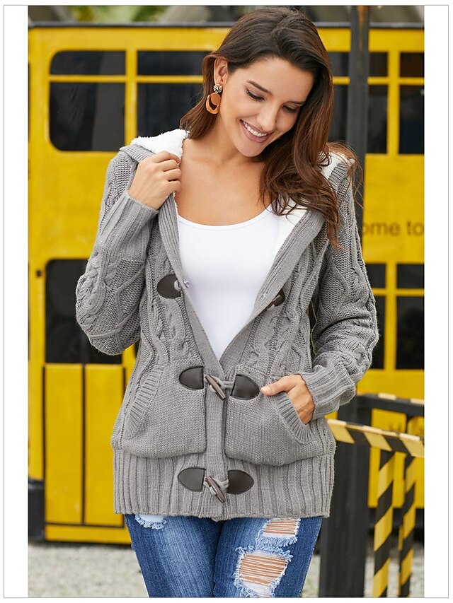  Women's Cardigan Knitted Plain Solid Colored Long Sleeve Loose Sweater Cardigans V Neck Fall Winter Light Brown Gray Green