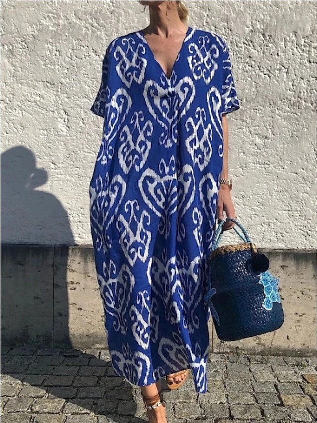  Women's Swing Dress Maxi long Dress Blue Short Sleeve Print Print Summer V Neck Casual Boho Loose 2021 S M L XL XXL 3XL