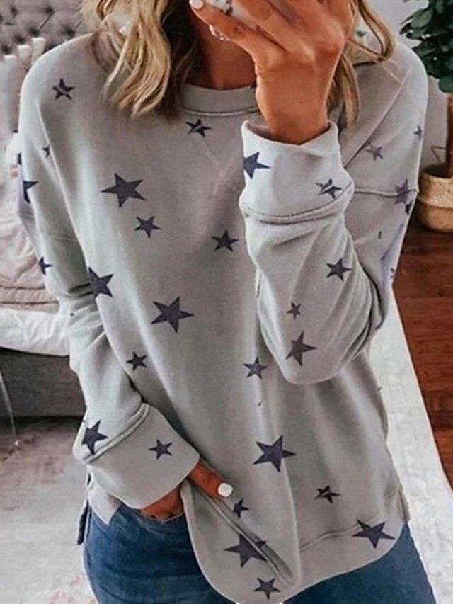  Dame Pullover-sweatshirt bluse Afslappet Grøn Hvid Grå Stjerne Daglig Overdimensionerede Langærmet Rund hals S M L XL XXL