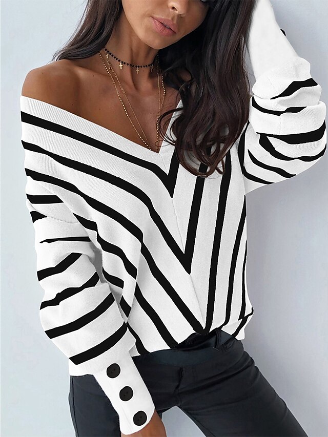  Women's Stylish Deep V Knitted Button Striped Pullover Long Sleeve Sweater Cardigans V Neck Fall White Black Light Brown