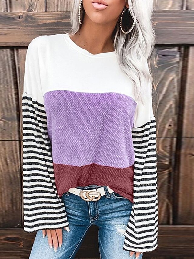  Women's Blouse Shirt Striped Color Block Long Sleeve Patchwork Round Neck Basic Tops Purple