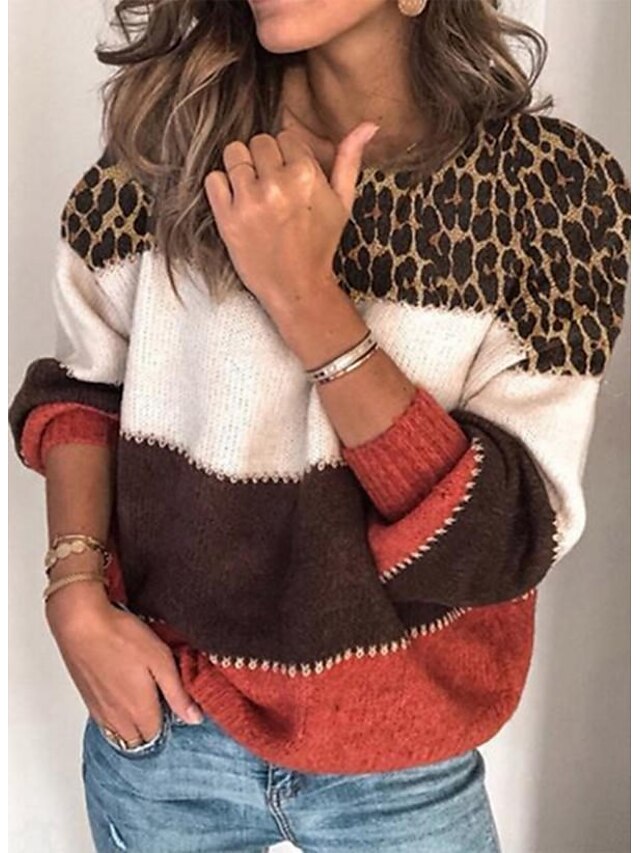  Women's Pullover Sweater Leopard Cheetah Print Knitted Patchwork Stylish Basic Casual Long Sleeve Loose Sweater Cardigans Fall Winter Crew Neck Gray Red