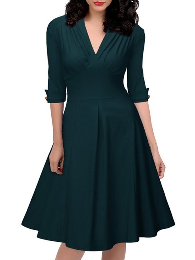  Women's A Line Dress Knee Length Dress Green Half Sleeve Solid Color Spring Summer V Neck Work 2021 S M L XL XXL