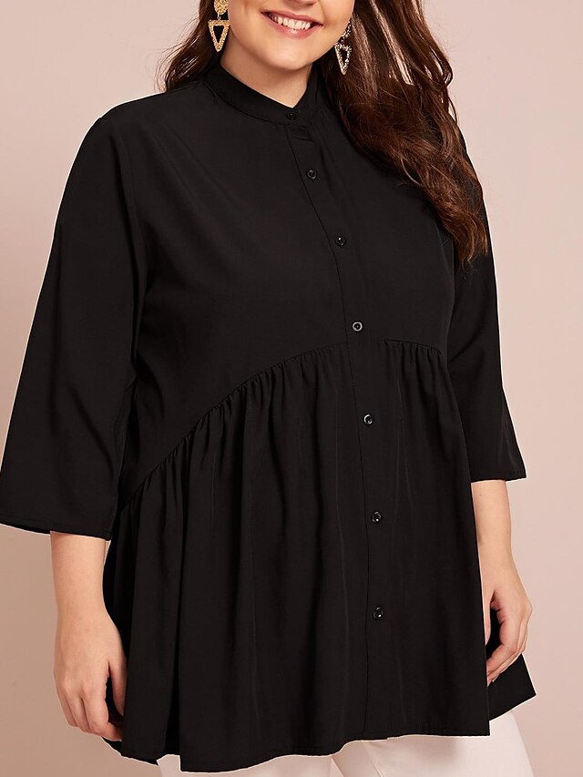  Women's Blouse Shirt Solid Colored Pleated Round Neck Tops Basic Basic Top Black