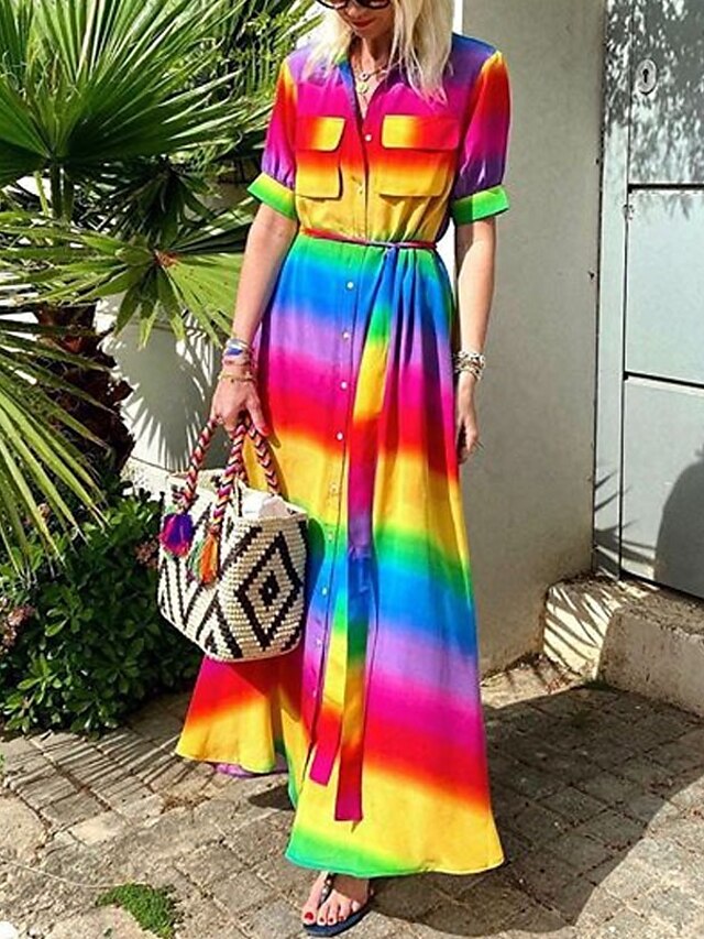  Women's Shift Dress Midi Dress Rainbow Half Sleeve Rainbow Summer Round Neck Hot Casual 2021 S M L XL