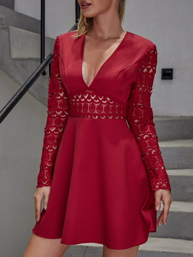  Damen A Linie Kleid Minikleid Rote Langarm Volltonfarbe Spitze Herbst Sommer V-Ausschnitt Elegant Freizeit Laternenärmel 2021 S M L
