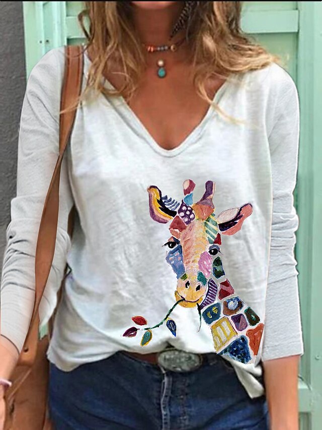  Dame T-shirt Giraf Hvid Lyserød Blå Trykt mønster Langærmet Daglig Basale V-hals Løstsiddende Efterår Efterår vinter
