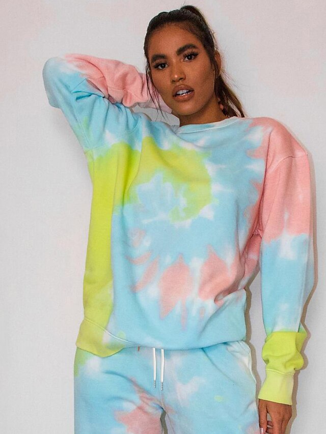  Mujer Sudadera con capucha Tie-dye Diario Básico Sudaderas con capucha Sudaderas Azul Piscina Verde Claro Arco Iris