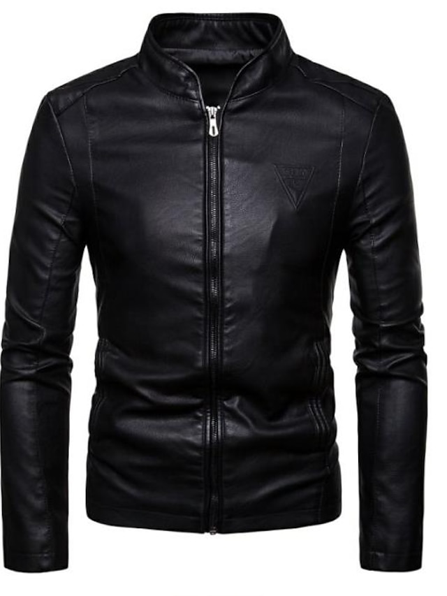  Men's Faux Leather Jacket Spring &  Fall Winter Daily Regular Coat Stand Collar Regular Fit Streetwear Jacket Long Sleeve Solid Colored Wine Camel Black