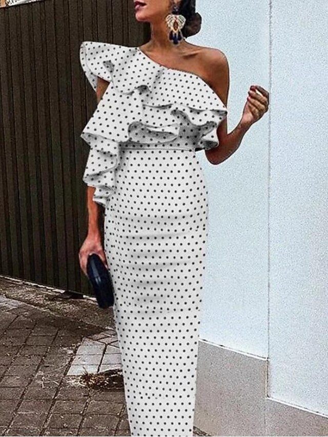  Women's Sheath Dress Midi Dress White Sleeveless Polka Dot Print Fall Round Neck Work 2021 S M L XL XXL 3XL