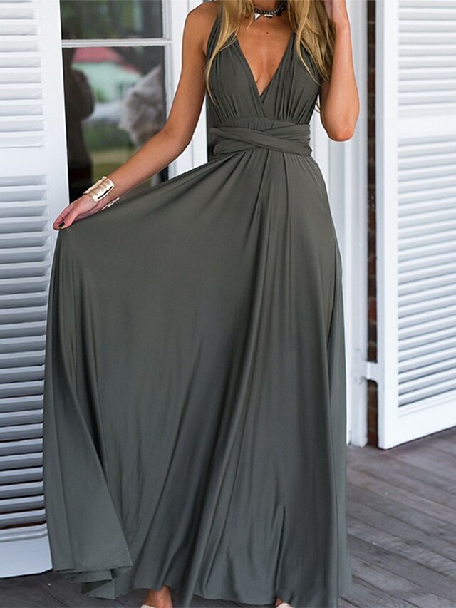  Women's A Line Dress Maxi long Dress Gray Sleeveless Solid Color Print Summer V Neck Hot Casual 2021 S M L XL