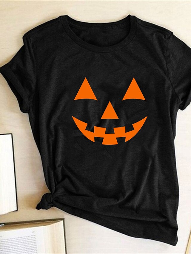  Dame Halloween T-shirt Grafisk Abstrakt Græskar Trykt mønster Rund hals Basale Halloween Toppe Lyserød Vin Dusty Rose