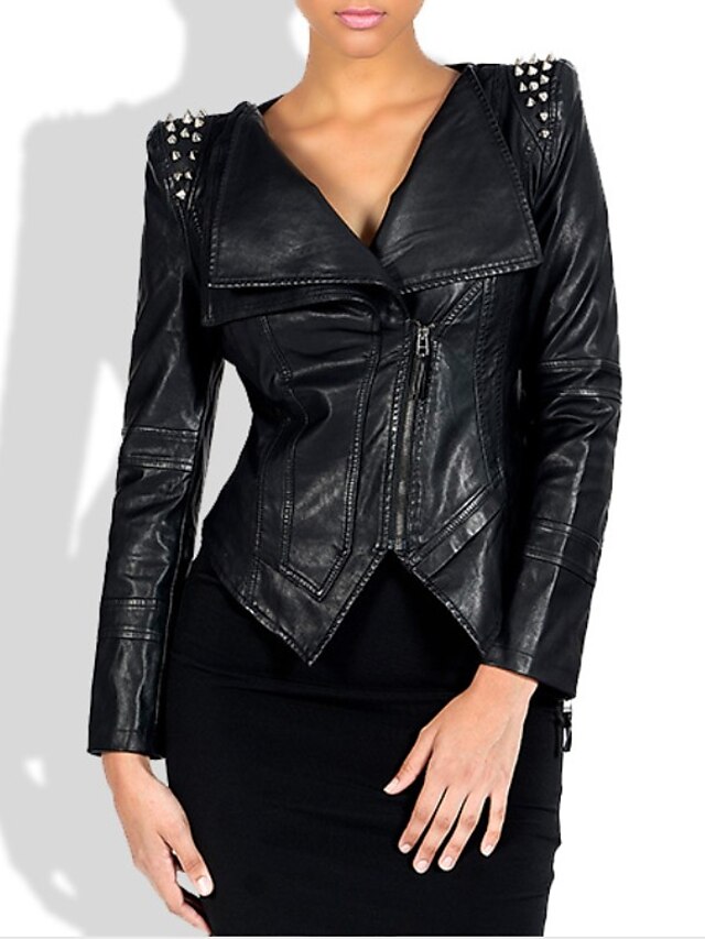  Women's Solid Colored Rivet Punk & Gothic Spring &  Fall Faux Leather Jacket Short Daily Long Sleeve PU Coat Tops Black