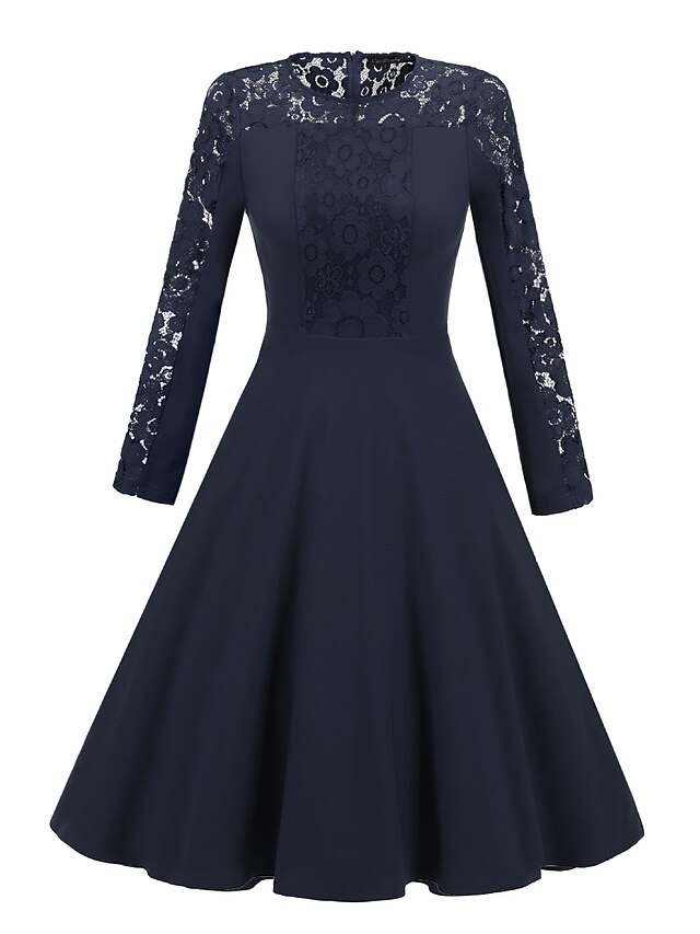 Women's A Line Dress Knee Length Dress Black Navy Blue Long Sleeve Solid Color Lace Patchwork Fall Round Neck Sexy Party Slim 2021 S M L XL XXL