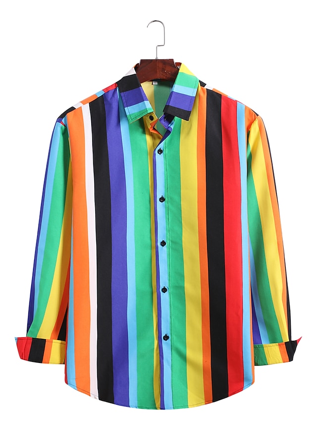  Men's Shirt Striped Long Sleeve Daily Tops Rainbow