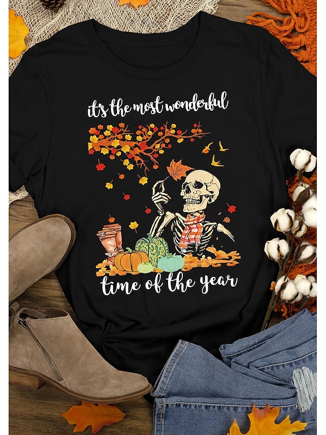  Dame Halloween T-shirt Grafisk Dødningehoveder Bogstaver Trykt mønster Rund hals Basale Halloween Toppe 100 % bomuld Sort