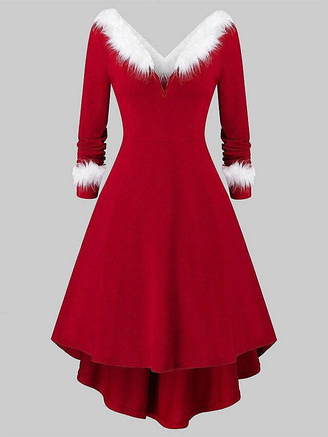  Women's Swing Dress Midi Dress Red Long Sleeve Solid Color Patchwork Winter V Neck Elegant Cotton 2021 S M L XL XXL