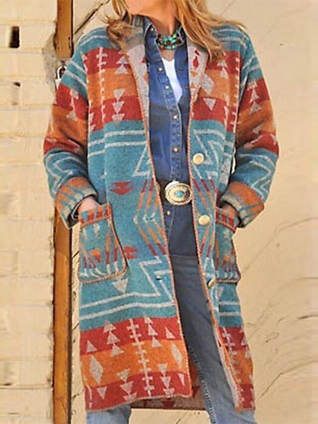  Femme Manteau Géométrique Imprimé basique Automne hiver Longue Quotidien Manches Longues Simili Cuir Manteau Hauts Bleu
