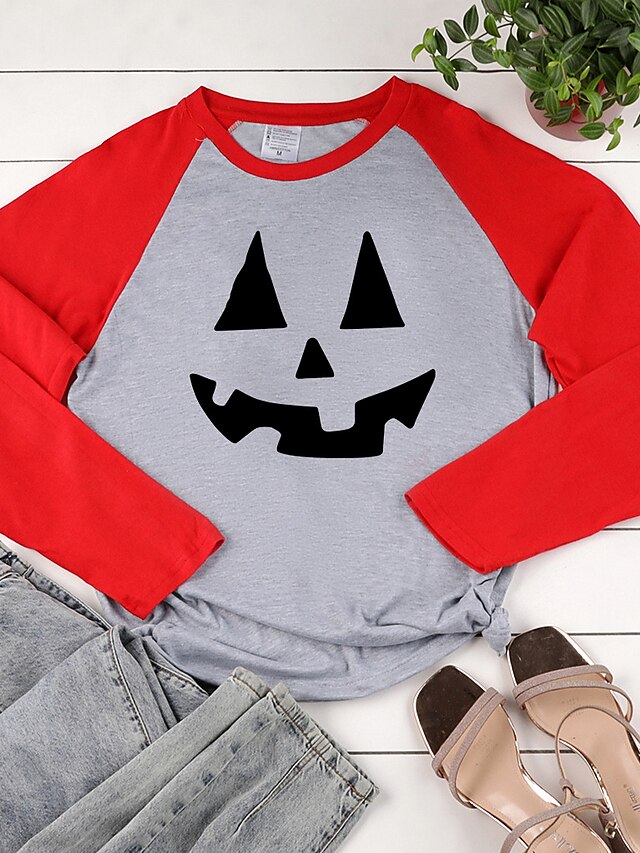  Women's Halloween T shirt Graphic Color Block Graphic Prints Long Sleeve Print Round Neck Tops 100% Cotton Basic Halloween Basic Top White Black Red