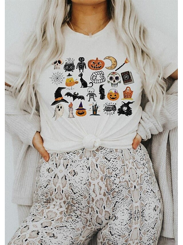  Dame Halloween T-shirt Grafisk Grafiske tryk Græskar Trykt mønster Rund hals Toppe 100 % bomuld Basale Halloween Grundlæggende top Hvid