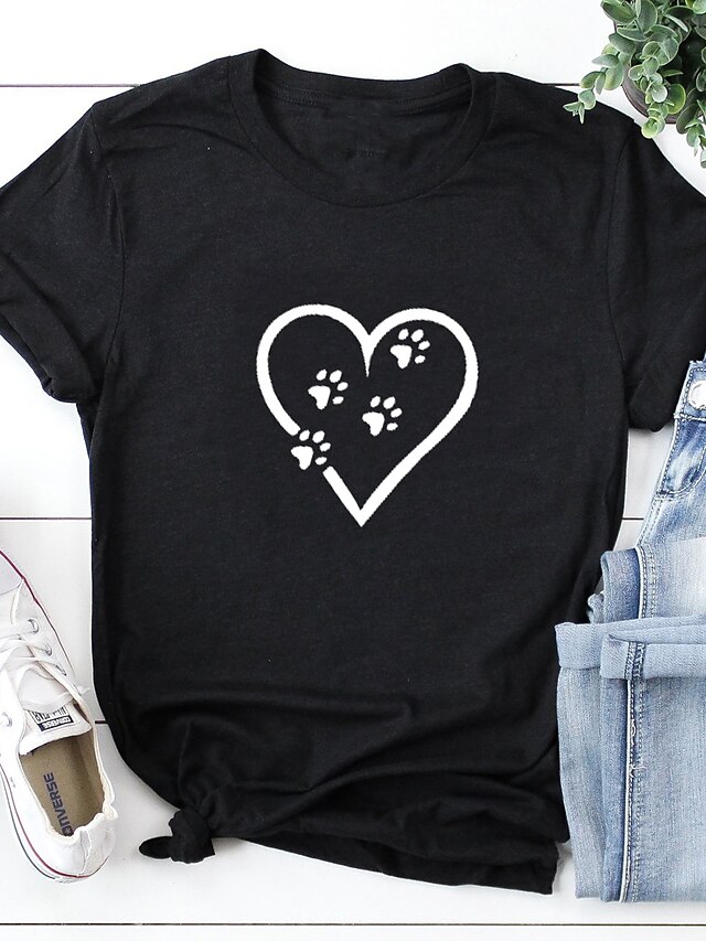  Women's T shirt Heart Animal Round Neck Print Basic Tops 100% Cotton Black Gray White